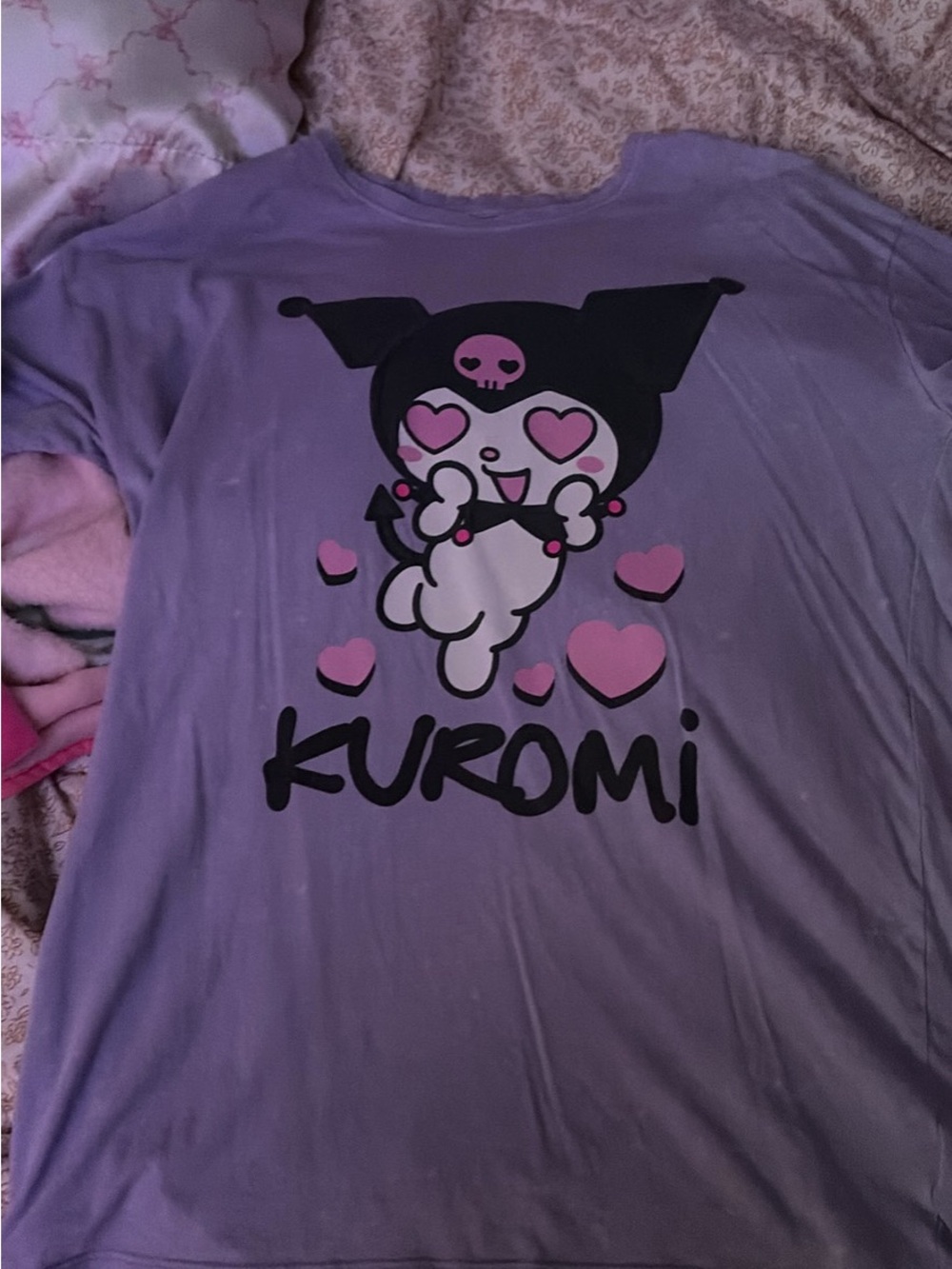 Kuromi Graphic Tee - Lavender with Pink Hearts